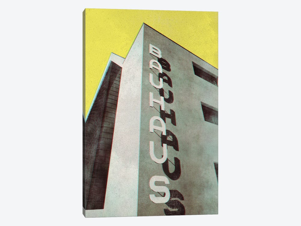 Old Magazine Style Bauhaus Building In Yellow by blursbyai 1-piece Canvas Art Print