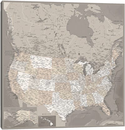 Detailed Map Of Usa And Canada, Davey Canvas Art Print - blursbyai