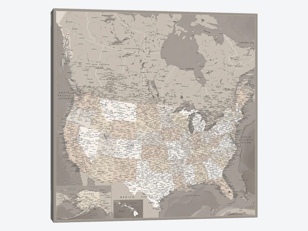 Detailed Map Of Usa And Canada, Davey by blursbyai 1-piece Canvas Print