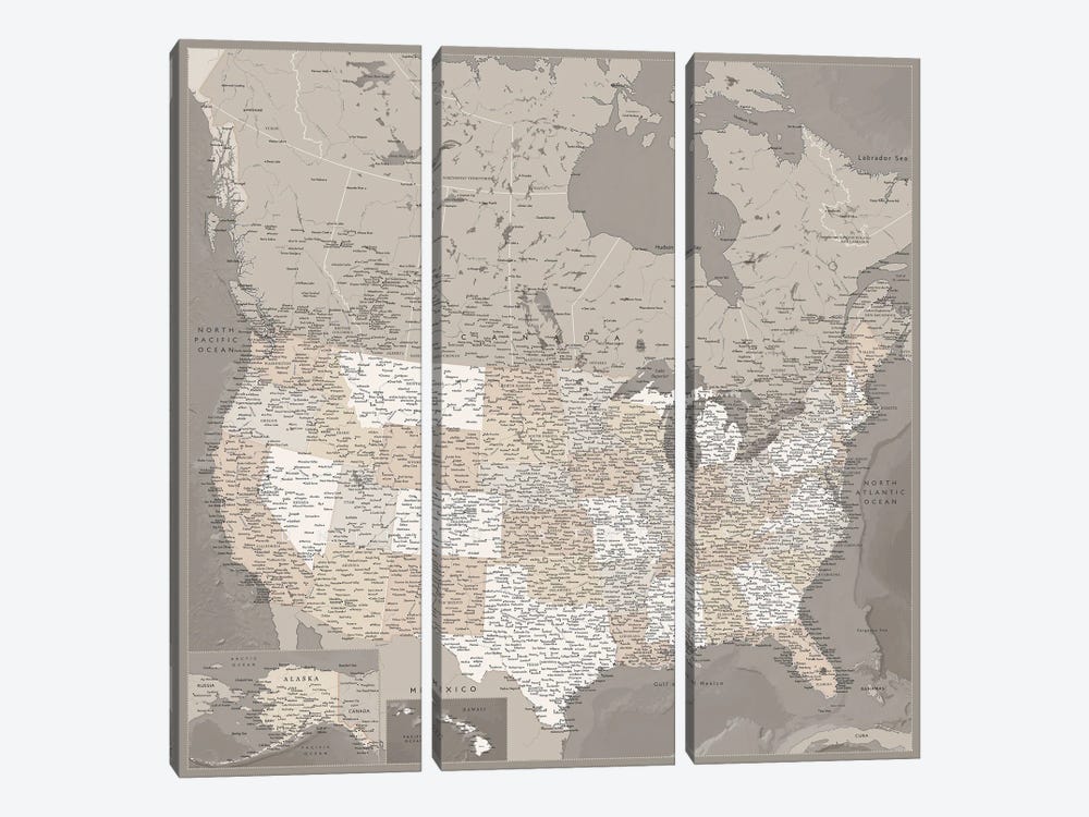 Detailed Map Of Usa And Canada, Davey by blursbyai 3-piece Art Print