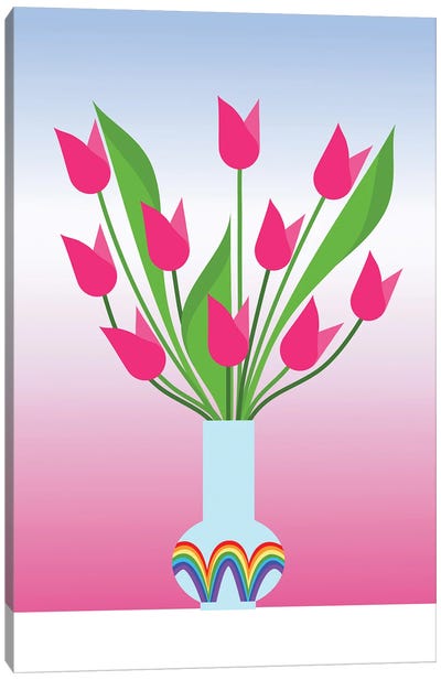Tulips In The Rainbow Vase Canvas Art Print - blursbyai