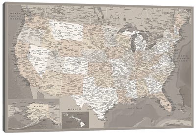 Detailed Brown Map Of The Usa, Davey Canvas Art Print - Art by Hispanic & Latin American Artists