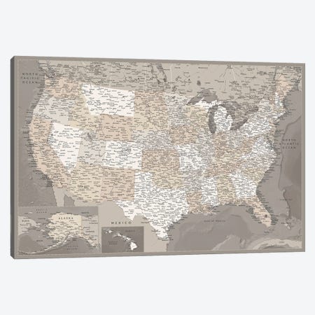 Detailed Brown Map Of The Usa, Davey Canvas Print #RLZ76} by blursbyai Art Print