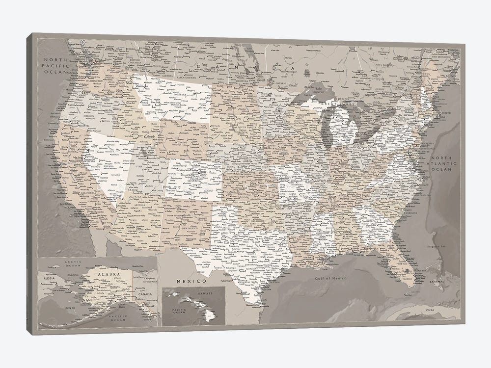Detailed Brown Map Of The Usa, Davey by blursbyai 1-piece Canvas Wall Art