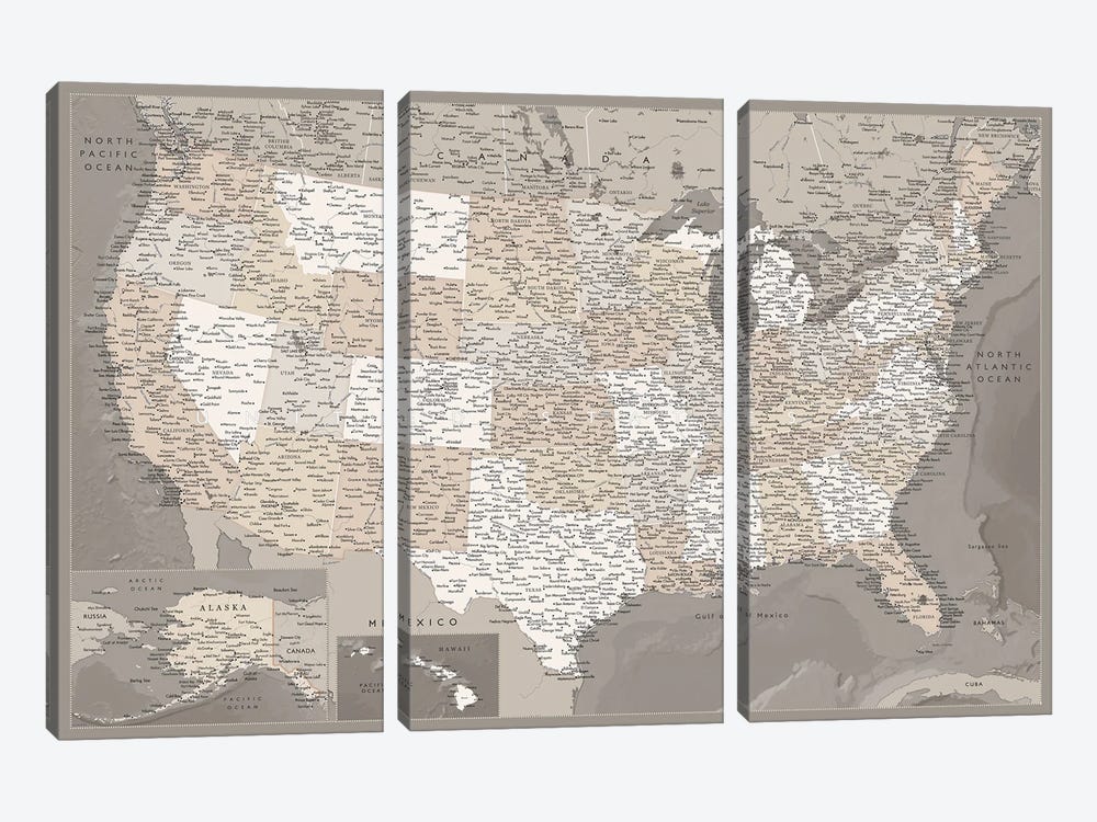 Detailed Brown Map Of The Usa, Davey by blursbyai 3-piece Canvas Wall Art