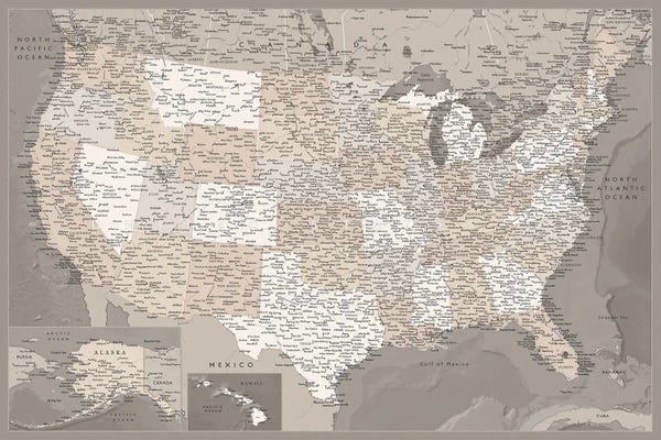 American Décor: Detailed Brown Map Of The Usa, Davey by blursbyai