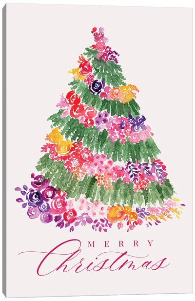 Merry Christmas Floral Tree Canvas Art Print - blursbyai