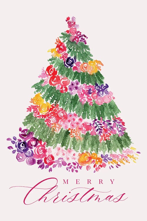 Merry Christmas Floral Tree by blursbyai wall art