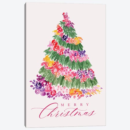 Merry Christmas Floral Tree Canvas Print #RLZ99} by blursbyai Canvas Wall Art