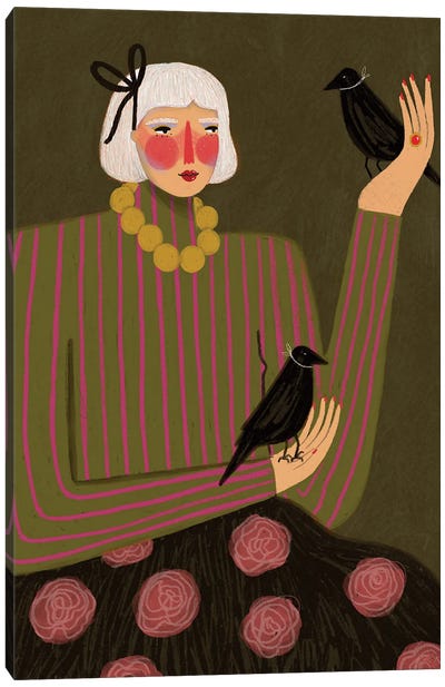 Lady And Ravens Canvas Art Print - Raven Art