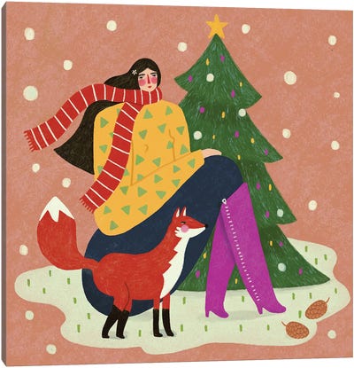 Lady And Fox In Snow Canvas Art Print - Renee Melia