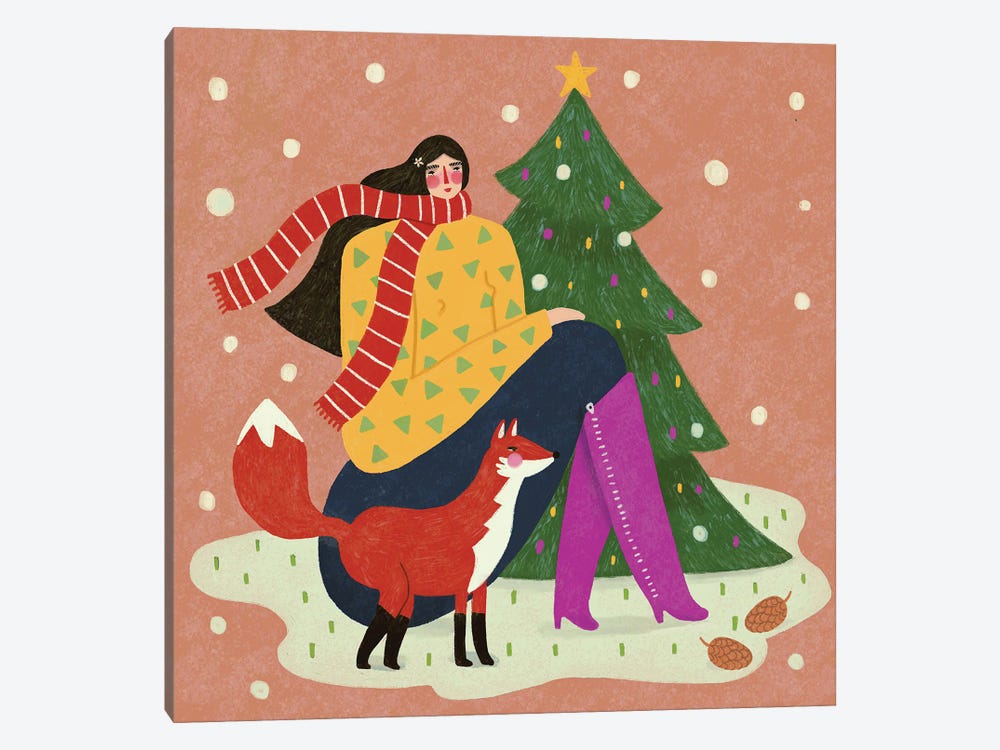 Lady And Fox In Snow by Renee Melia 1-piece Canvas Wall Art