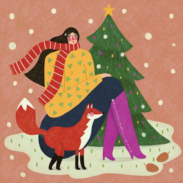 Renee Melia: Lady And Fox In Snow by Renee Melia