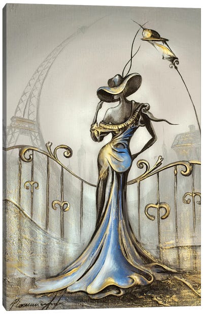 Women In Blue Dress Canvas Art Print - Gold & Silver Art