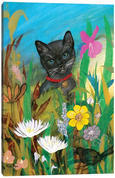 Cat in the Garden Canvas Art Print - Black Cat Art