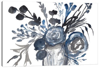 Blue Roses in Grey Vase Canvas Art Print - Minimalist Bathroom Art