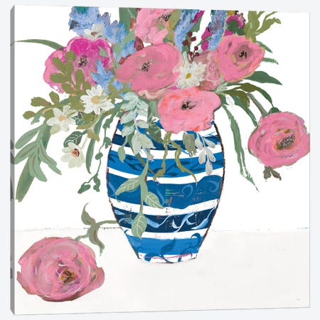 Blue Vase of Pink Roses Canvas Print #RMR40} by Robin Maria Canvas Artwork