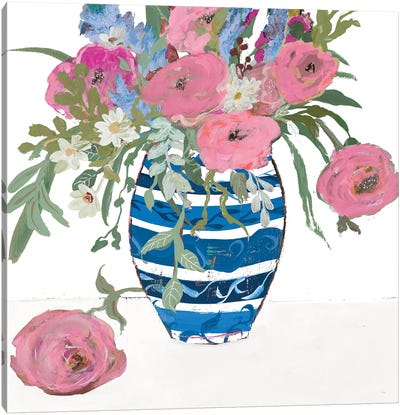 Blue Vase of Pink Roses Canvas Art Print