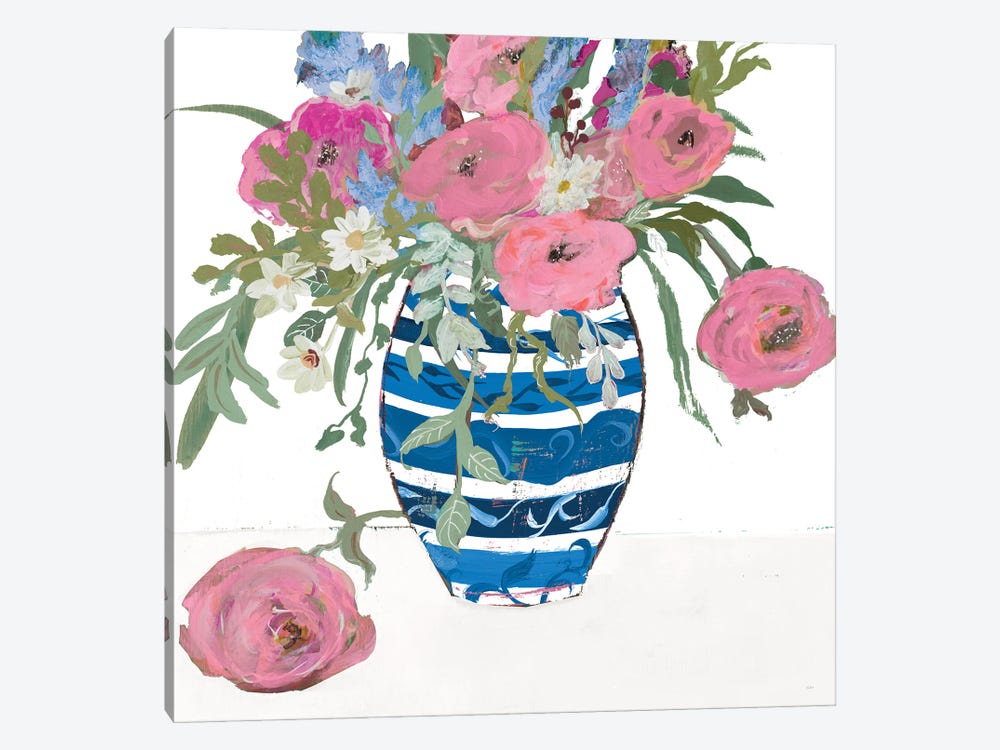Blue Vase of Pink Roses by Robin Maria 1-piece Canvas Artwork
