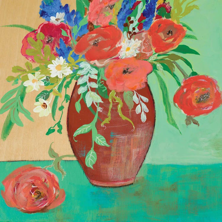 Vase of Peach and Blue Roses