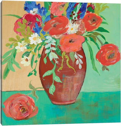 Vase of Peach and Blue Roses Canvas Art Print - Pantone 2024 Peach Fuzz