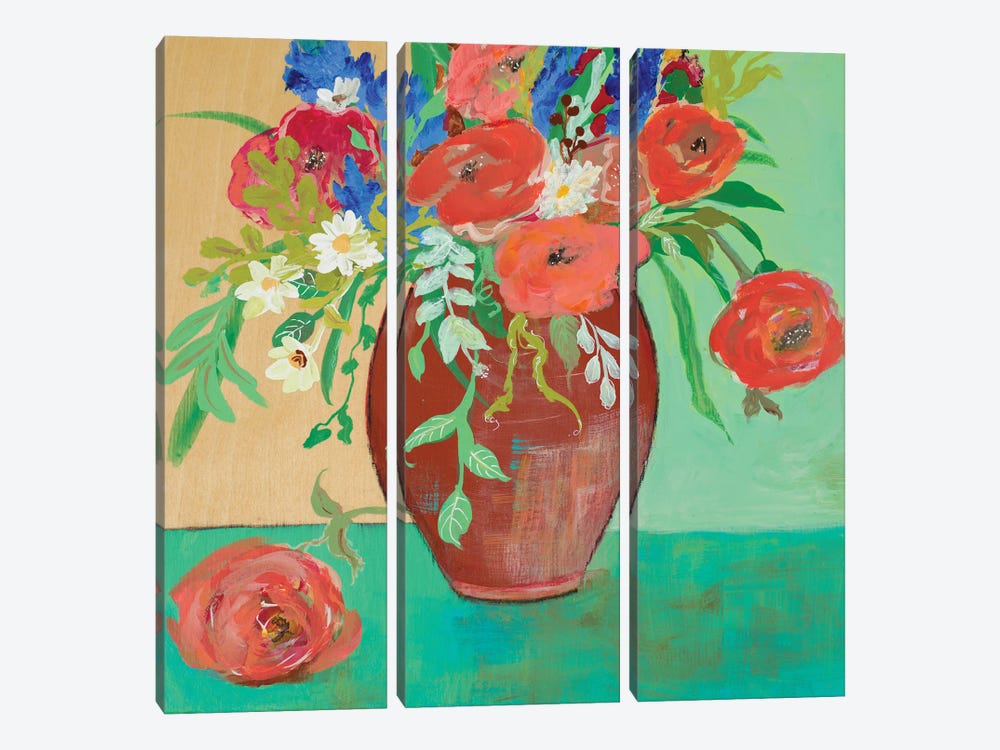 Vase of Peach and Blue Roses by Robin Maria 3-piece Canvas Art Print