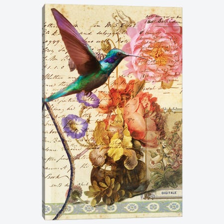 Hummingbird With Flowers Canvas Print #RMU231} by Roberta Murray Canvas Wall Art