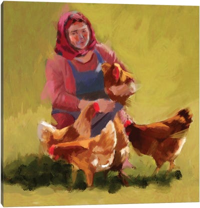 The Chicken Lady Canvas Art Print - Yellow Art