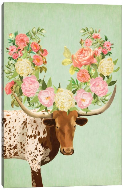 Botanical Steer Canvas Art Print - Longhorn Art