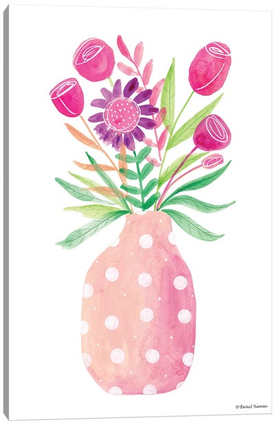Pretty In Pink Flower Pot Canvas Art Print - Polka Dot Patterns