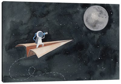 Paper Airplane to the Moon Canvas Art Print - Moon Art