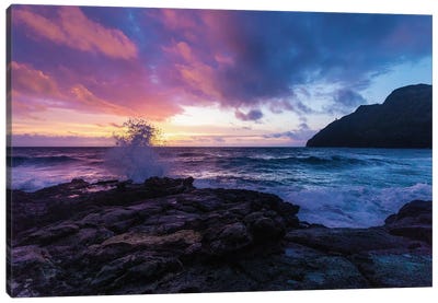 Hawaiian Sunrise As Wave Crashes Into Rocky Beach Canvas Art Print - Rocky Beach Art