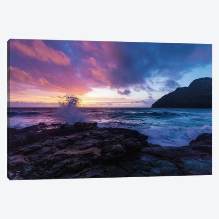 Hawaiian Sunrise As Wave Crashes Into Rocky Beach Canvas Print #RNN29} by Ben Renschen Canvas Art