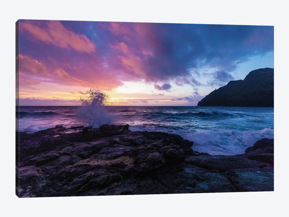 Hawaiian Sunrise As Wave Crashes Into Rocky Beach by Ben Renschen 1-piece Canvas Art