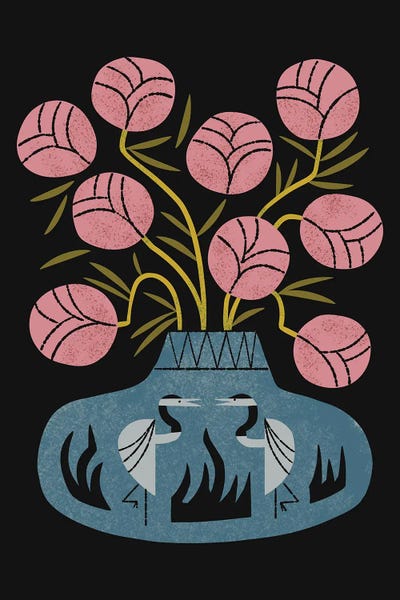 Pottery Still Life: Pink Bouquet And Crane Vase by Renea L. Thull