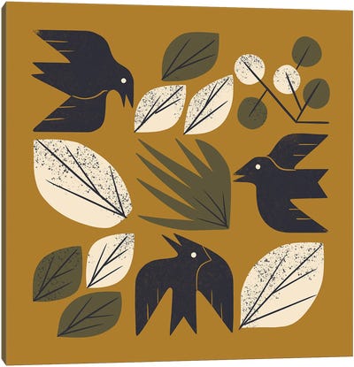 Birds And Leaves Grid Canvas Art Print - Mid-Century Modern Animals
