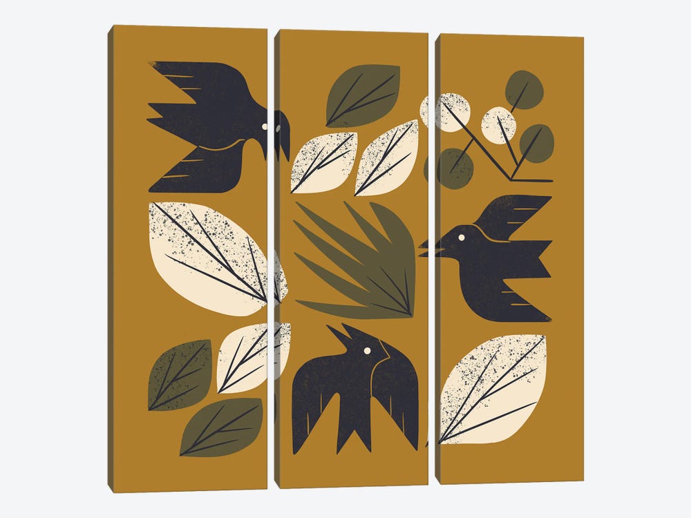 Birds And Leaves Grid by Renea L. Thull 3-piece Canvas Print