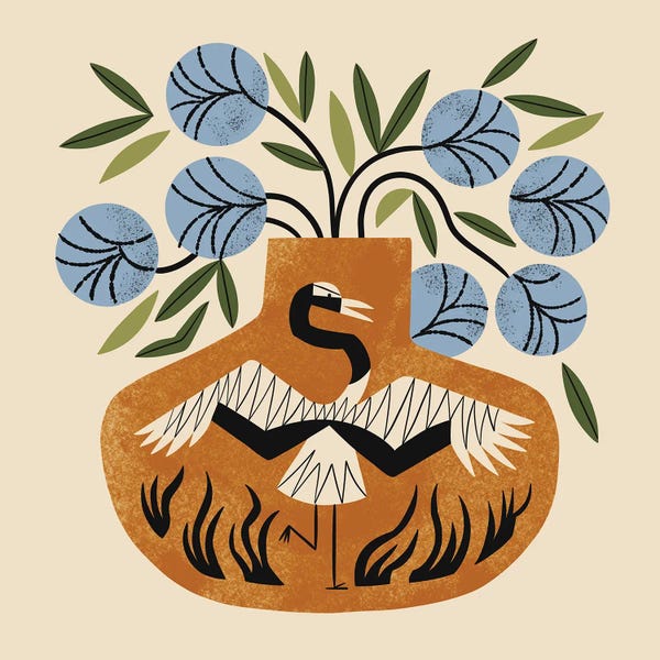 Grasses: Blue Peonies And Crane Vase by Renea L. Thull