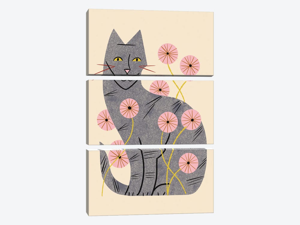 Tabby Cat And Wildflowers by Renea L. Thull 3-piece Canvas Artwork