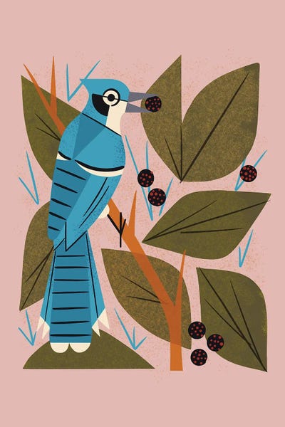 Mid-Century Modern Animals: Blue Jay With Berries by Renea L. Thull