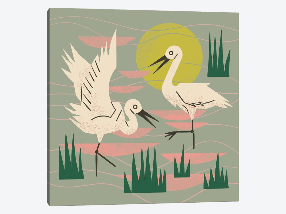 Cranes Wading At Sunset (Sage Green) by Renea L. Thull 1-piece Canvas Print