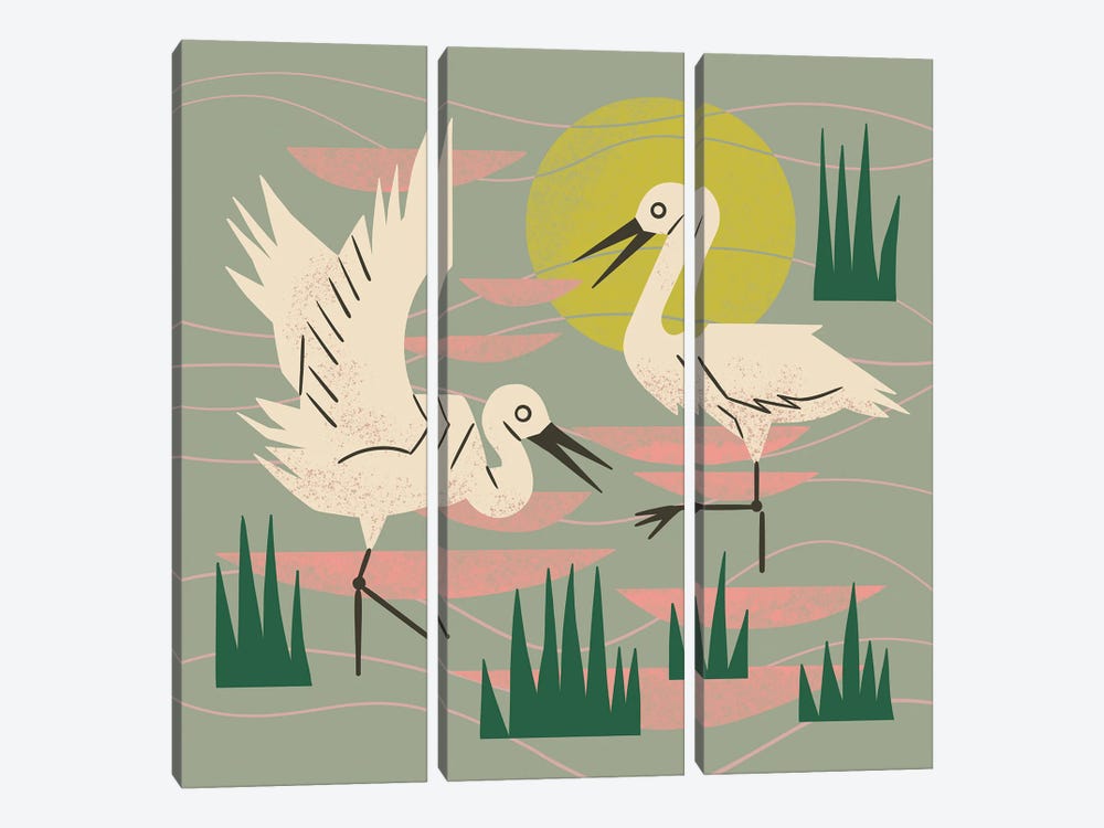 Cranes Wading At Sunset (Sage Green) by Renea L. Thull 3-piece Art Print