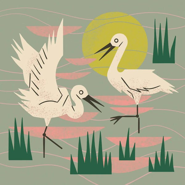 Lakehouse Décor: Cranes Wading At Sunset (Sage Green) by Renea L. Thull