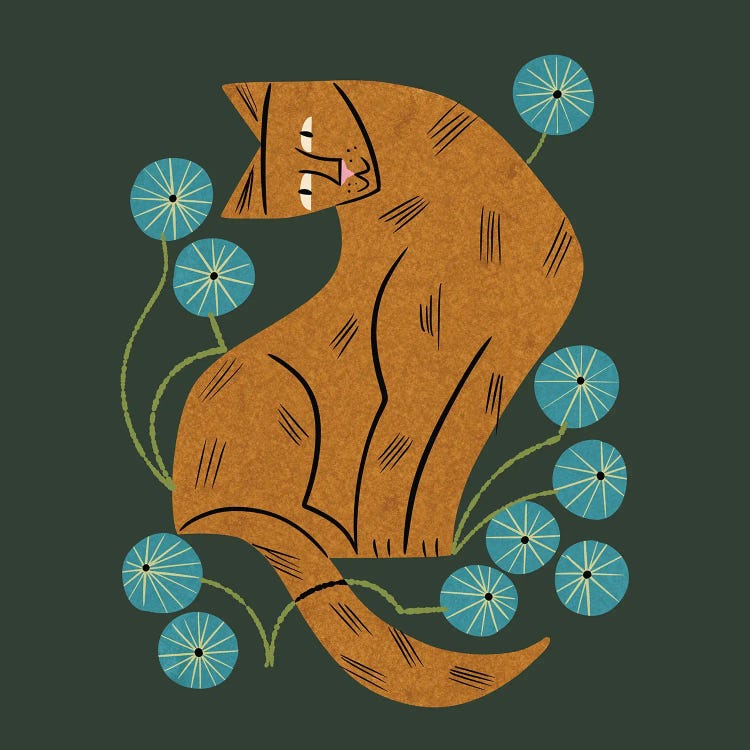 Playful Tabby And Blue Flowers by Renea L. Thull wall art
