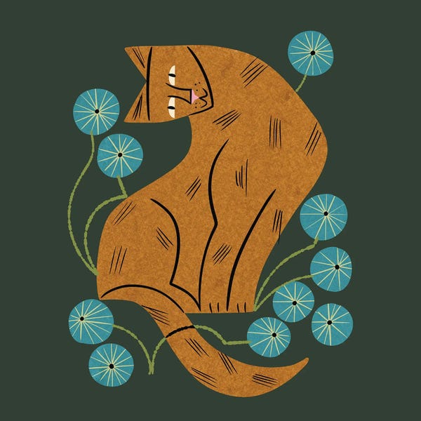 Playful Tabby And Blue Flowers