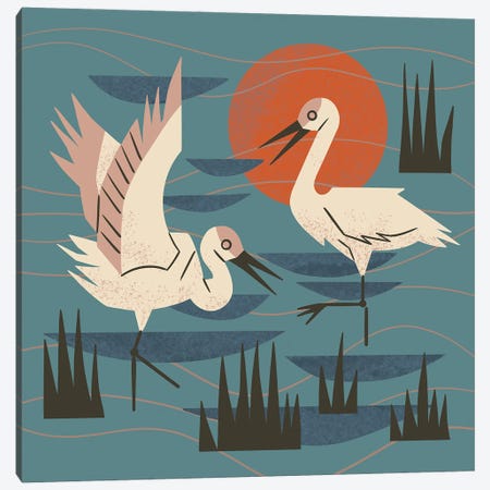 Cranes Wading At Sunset (Teal) Canvas Print #RNT19} by Renea L. Thull Art Print