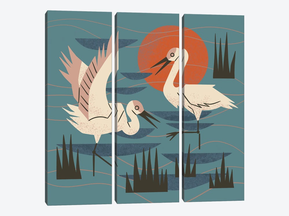 Cranes Wading At Sunset (Teal) by Renea L. Thull 3-piece Canvas Wall Art