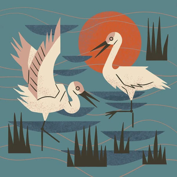 Mid-Century Modern Animals: Cranes Wading At Sunset (Teal) by Renea L. Thull