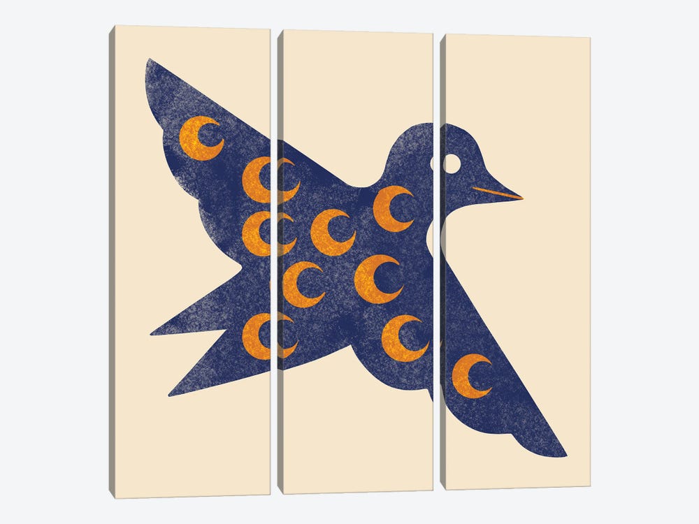 Moon Bird (Blue And Orange) by Renea L. Thull 3-piece Canvas Art Print