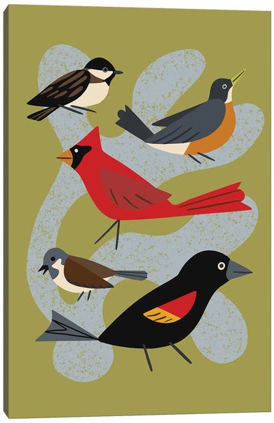 Five Birds Canvas Art Print - Finch Art